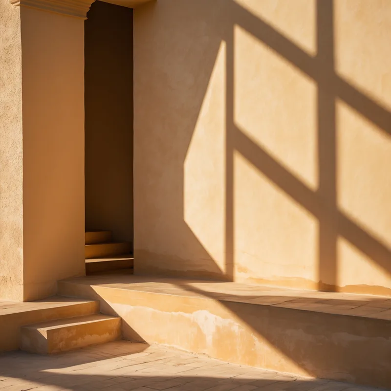 Ombres architecturales, tons chauds — symbolisant la reconstruction