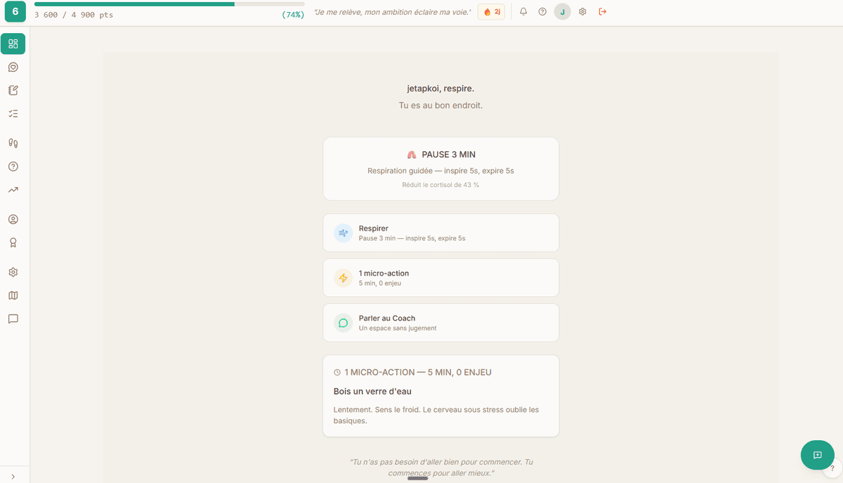 Dashboard NL4M — micro-actions, respiration guidée, coaching