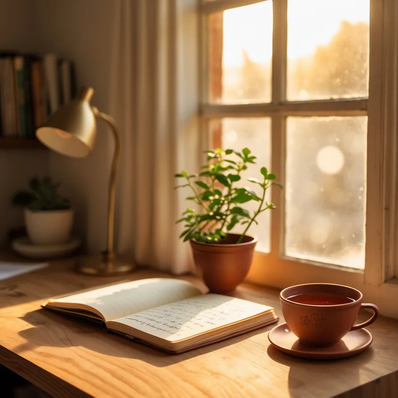 Lumière dorée traversant une architecture chaleureuse